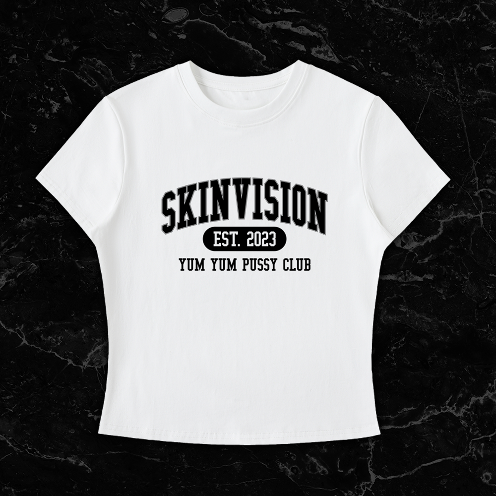 White shirt featuring bold collegiate-style text reading “SkinVision Est. 2023 - Yum Yum Pussy Club” in black lettering by SkinVision