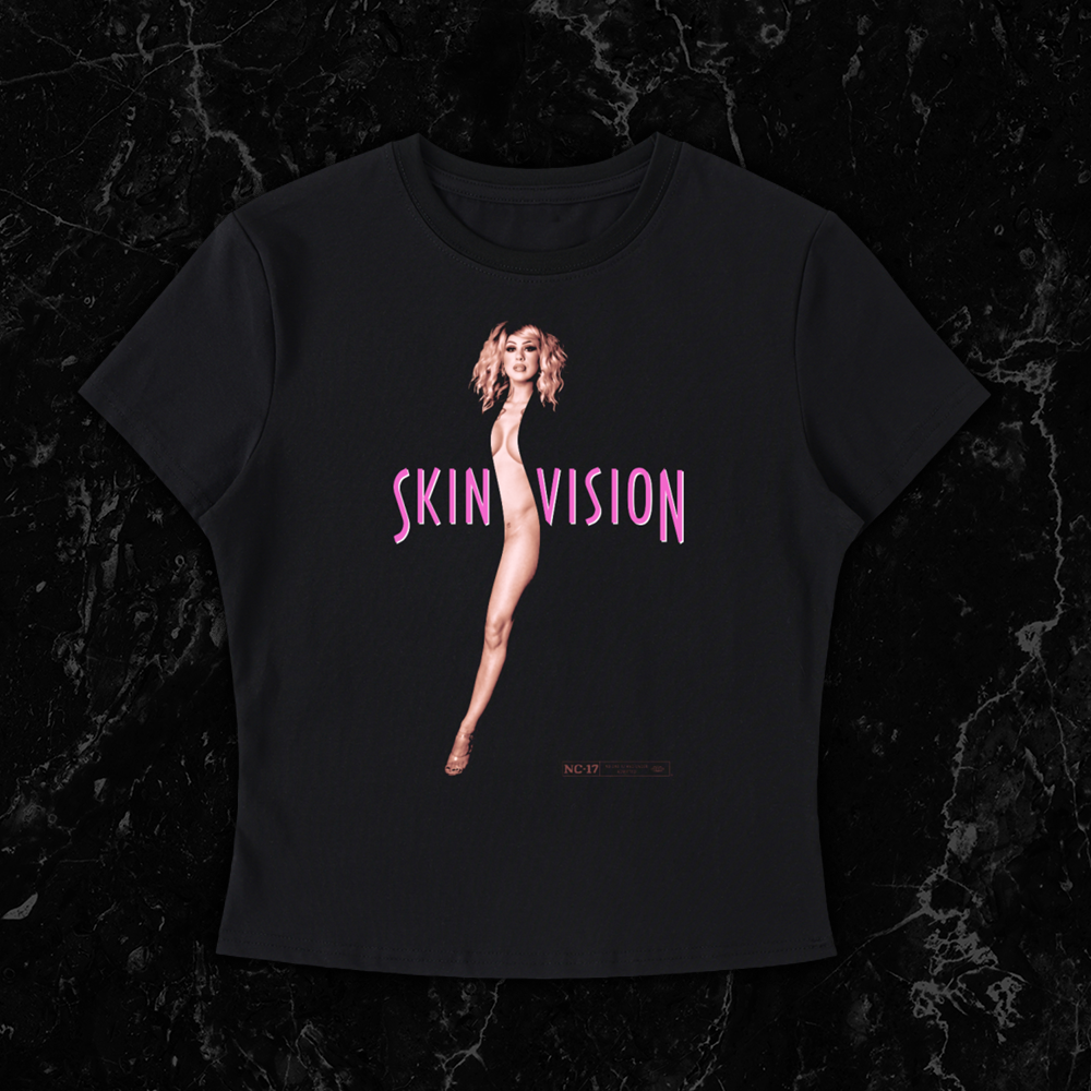 Black shirt featuring vertical nude female figure integrated into the text 'SkinVision' in pink lettering, inspired by the Showgirls (1995) movie poster