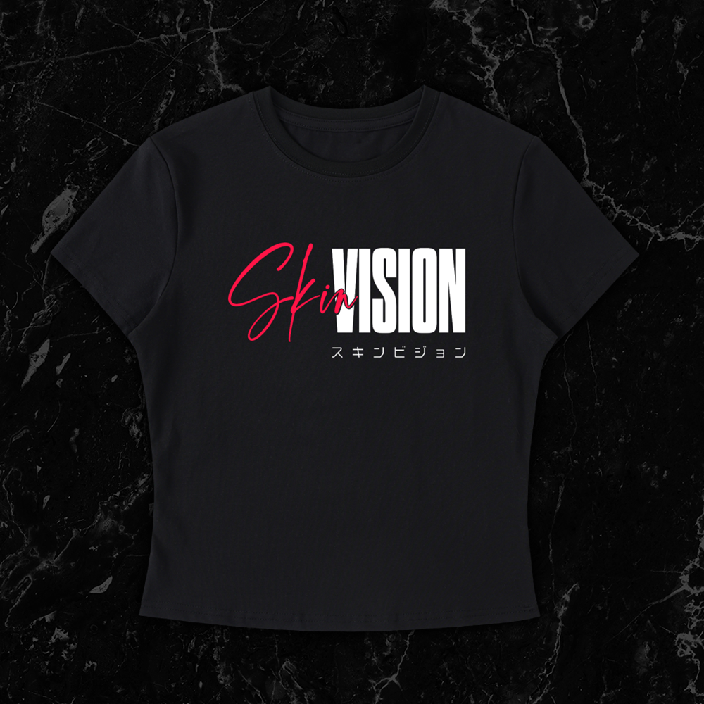 Black shirt featuring the SkinVision logo in white block and pink script lettering with Japanese katakana text underneath by SkinVision
