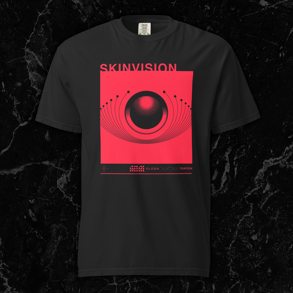 Black t-shirt featuring bright red abstract sci-fi eyeball graphic, and text reading ‘SkinVision’ and ‘F.L.E.S.H. Fixation’ by SkinVision