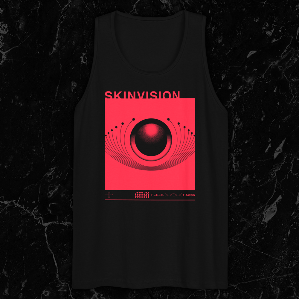 Black tank top featuring bright red abstract sci-fi eyeball graphic, and text reading ‘SkinVision’ and ‘F.L.E.S.H. Fixation’ by SkinVision
