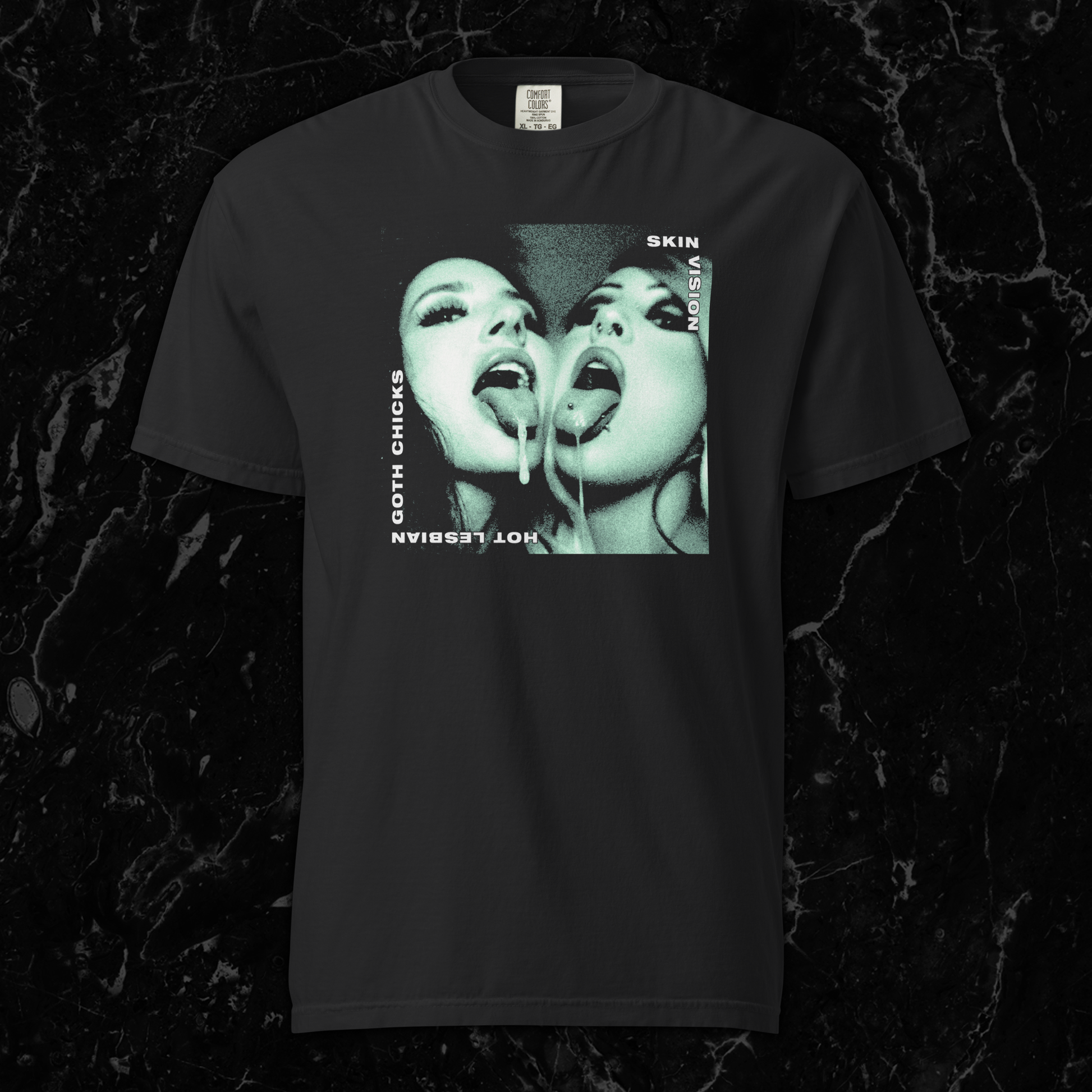 Black t-shirt featuring a green-tinted image of two women with their tongues out and text reading 'Hot Lesbian Goth Chicks' by SkinVision