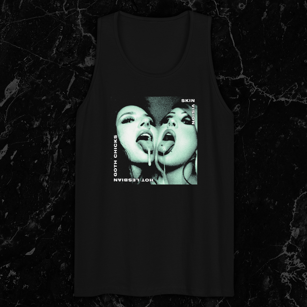 Black tank top featuring a green-tinted image of two women with their tongues out and text reading 'Hot Lesbian Goth Chicks' by SkinVision