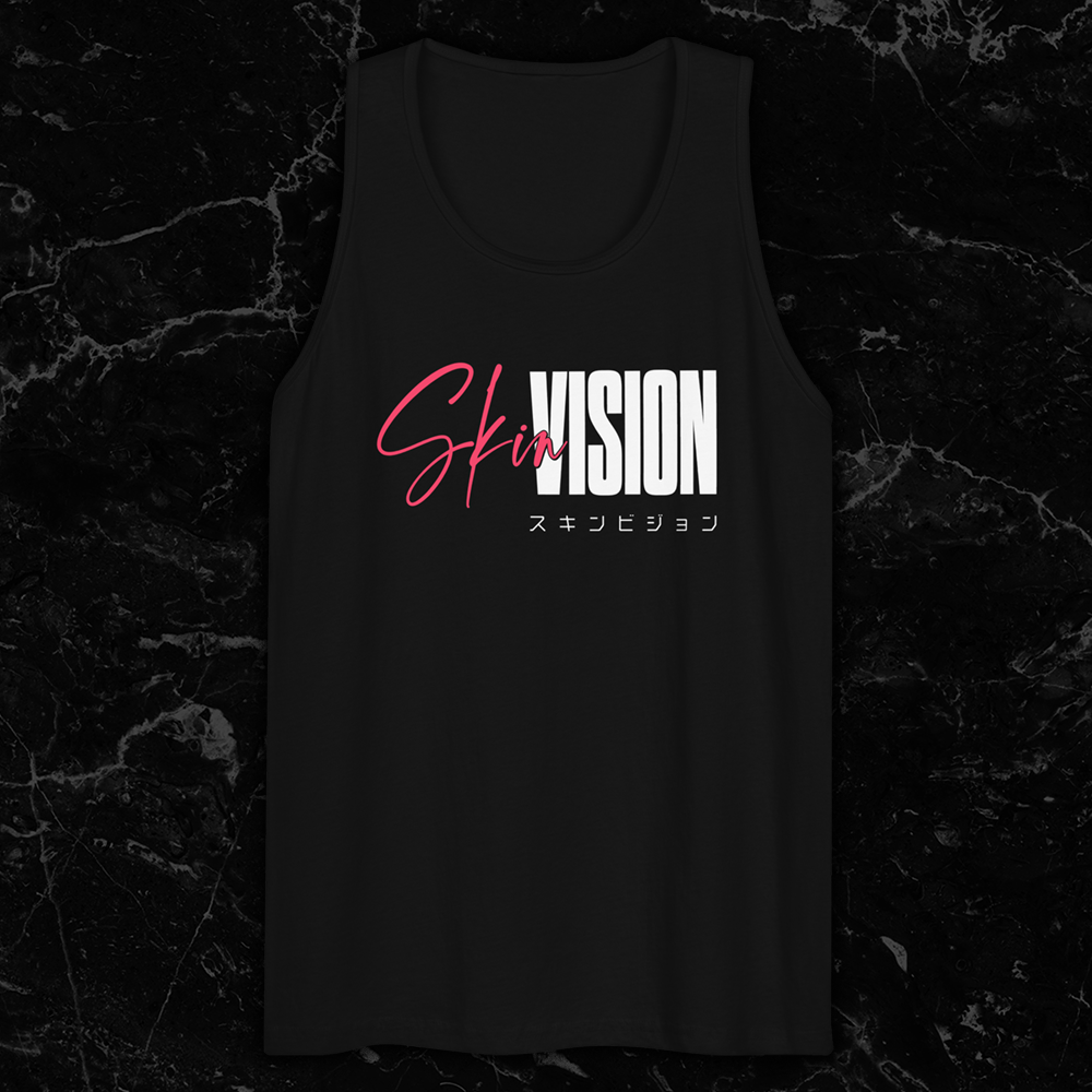 Black tank top featuring the SkinVision logo in white block and pink script lettering with Japanese katakana text underneath by SkinVision
