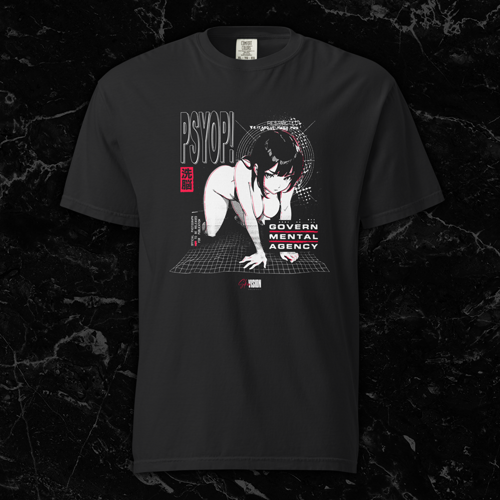 Black t-shirt featuring anime-style hentai girl in distressed futuristic setting with bold text reading 'PSYOP!' and ‘Govern Mental Agency' by SkinVision
