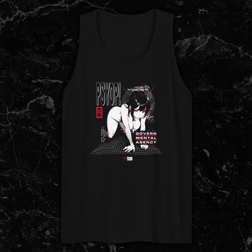 Black tank top featuring anime-style hentai girl in distressed futuristic setting with bold text reading 'PSYOP!' and ‘Govern Mental Agency' by SkinVision