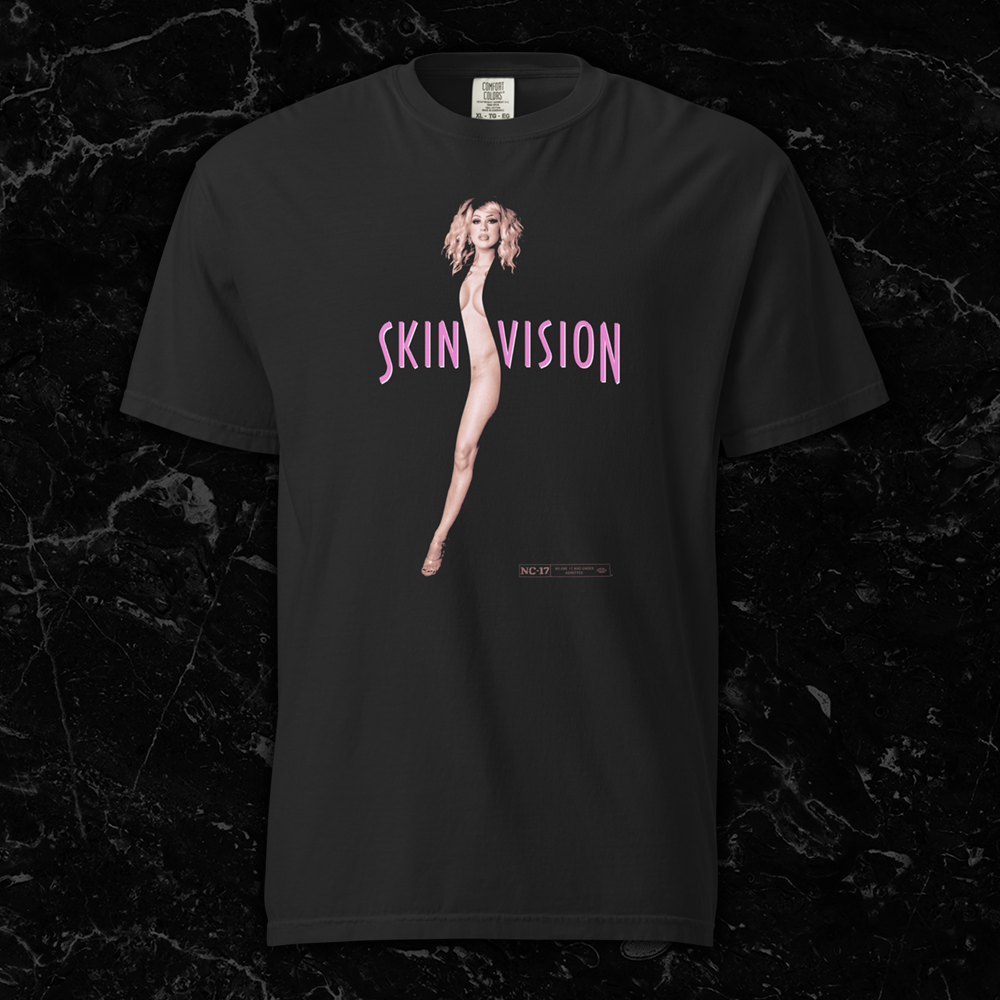 Black t-shirt featuring vertical nude female figure integrated into the text 'SkinVision' in pink lettering, inspired by the Showgirls (1995) movie poster