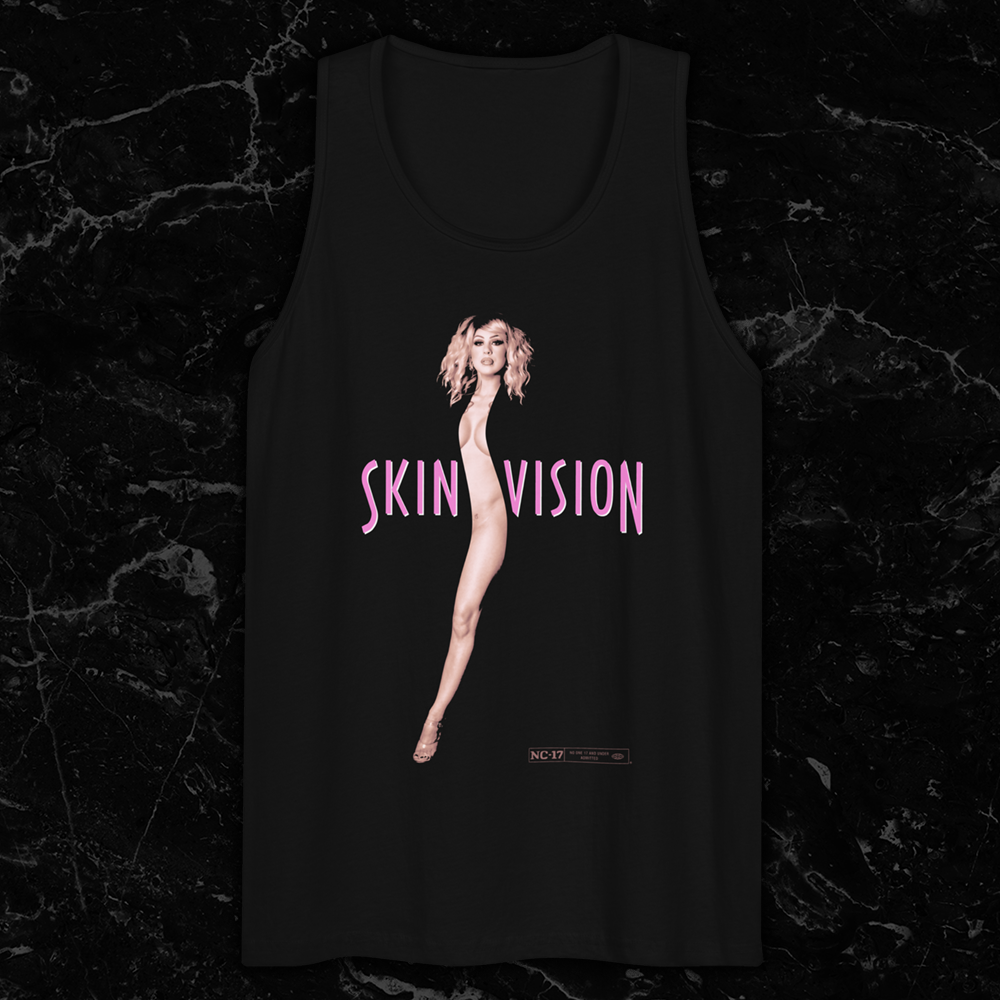 Black tank top featuring vertical nude female figure integrated into the text 'SkinVision' in pink lettering, inspired by the Showgirls (1995) movie poster