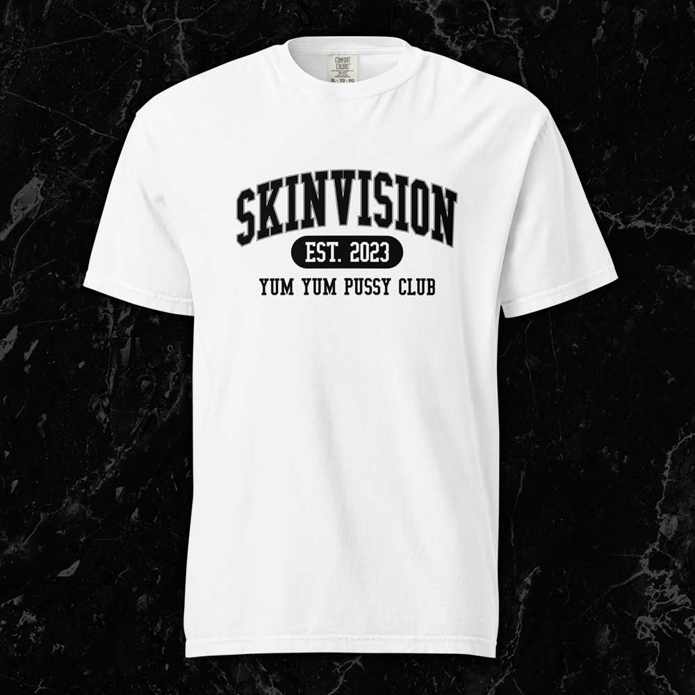 White t-shirt featuring bold collegiate-style text reading “SkinVision Est. 2023 - Yum Yum Pussy Club” in black lettering by SkinVision